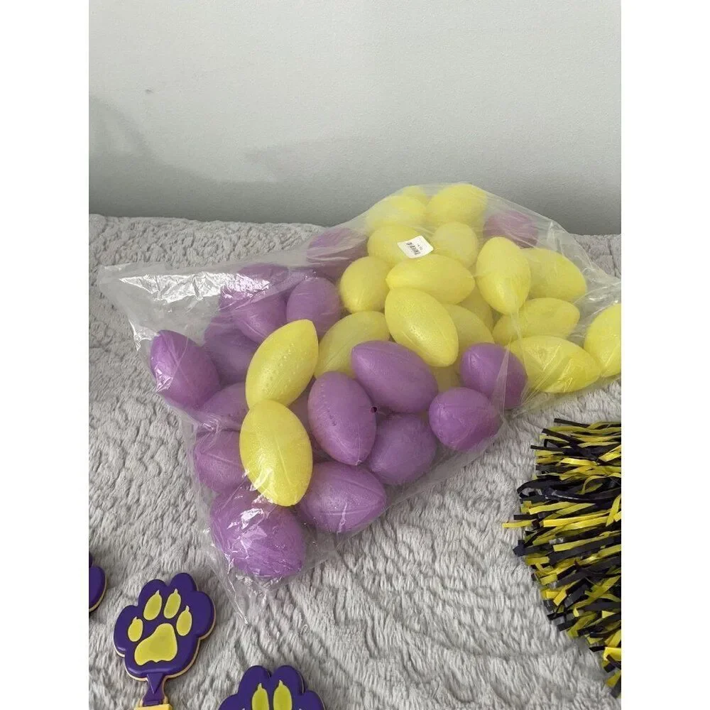LSU Themed Party Supplies Pack, Basket. Balls, Clappers, Shaker, Pins, Stickers